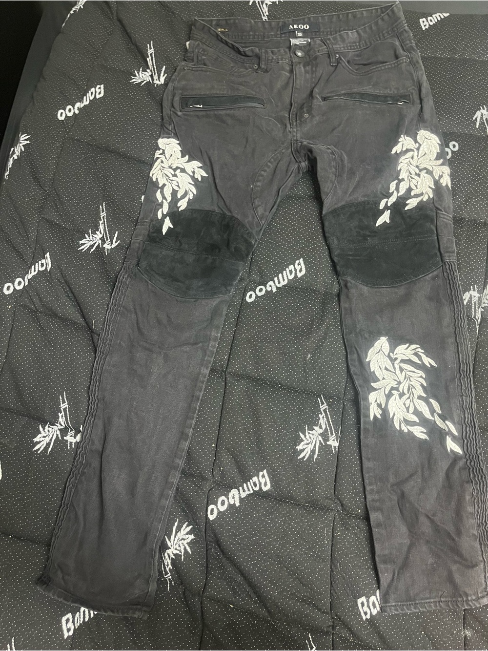 Akoo Black Slim Straight Jeans with White Floral Embroidery
